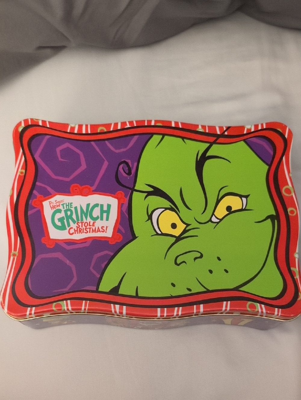 The Grinch Decorative Tin - Green & Purple And Ornaments